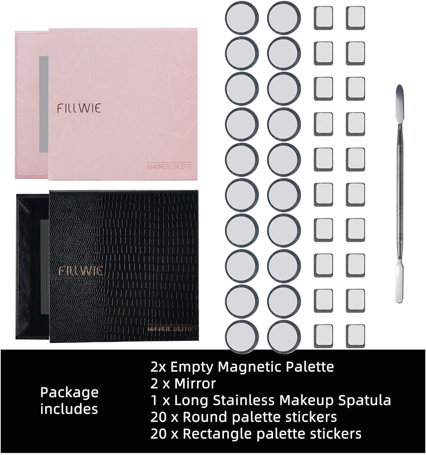 Pink&Black Magnetic Refillable Makeup Palette with Mirror – Lightweight, Durable, Travel-Ready Case for Eyeshadow, Blush, Lipstick – Includes Spatula & 20 Stickers – Small, Waterproof Paperboard-Velvo Beauty