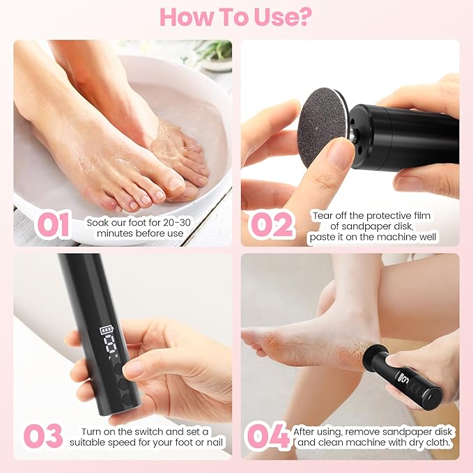 Electric Callus Remover for Feet, Rechargeable Professional Electronic Foot File Nail Grinder,9 Adjustable Speed Foot Sander Scrubber Pedicure Tool for Dry Dead Skin with Sandpaper Discs (Black)-Velvo Beauty