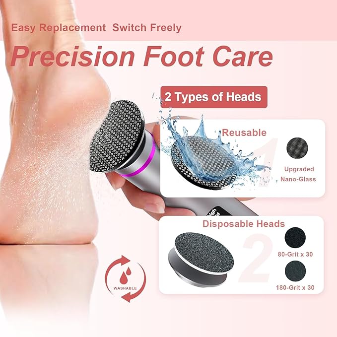 Electric Callus Remover for Feet, 3 Speeds Electric Foot Callus Remover with Powerful Brushless Motor, 2600mAh Runs for 7Hours, Washable Nano Glass Head, 60 Pcs Sandpaper Discs, Gift for Women & Men-Velvo Beauty