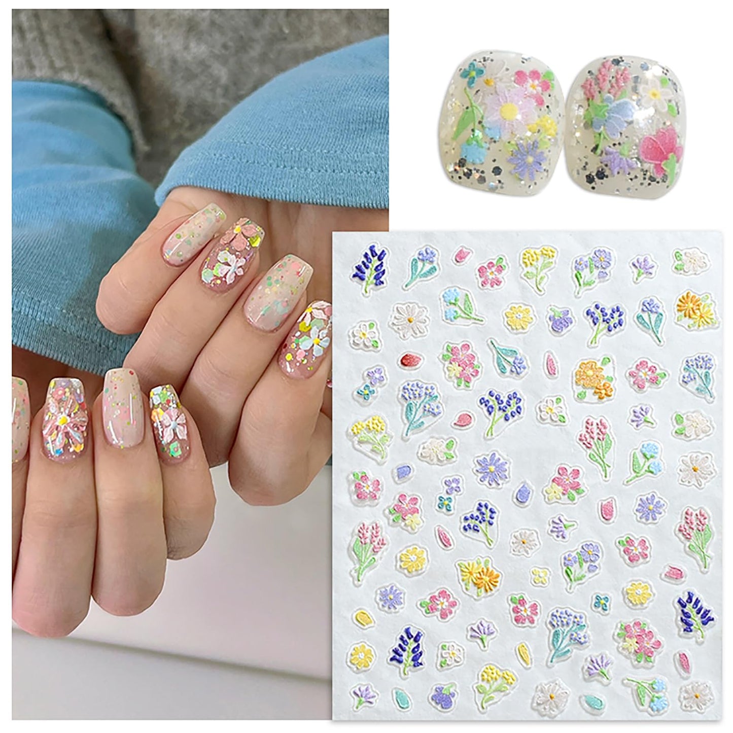 SILPECWEE 8 Sheets Flower Nail Art Stickers 3D Flower Daisy Nail Stickers Self-Adhesive Nail Design Stickers Spring Nail Decals for Nail Art Decoration Accessories-Velvo Beauty