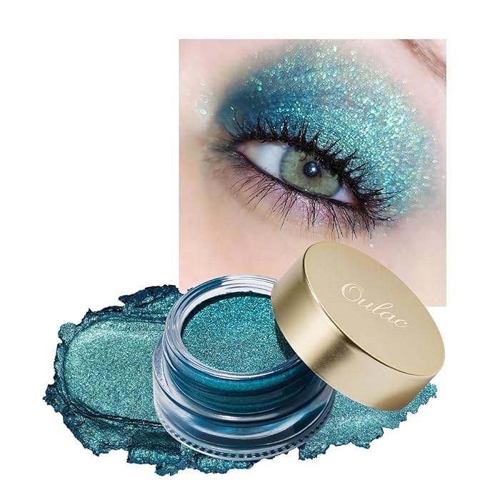 Oulac Teal Eyeshadow Green Glitter Eyeshadow Highly Pigmented Eye Shadow Waterproof & Long Lasting for Women with Moisturizing Formula. Multi-use for Highlighter. 6g (14)-Velvo Beauty