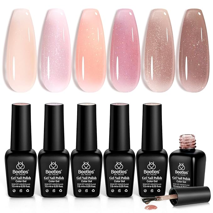 Beetles Jelly Gel Nail Polish Set - 6 Colors Nude Pink Brown Shimmer Giltter Fall Gel Polish Kit Sheer Transparent Effect Soak Off UV Lady with Dreams Collection Gift for Women-Velvo Beauty