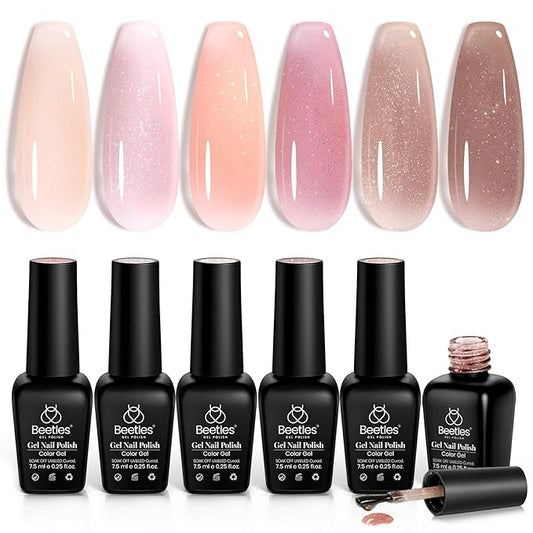 Beetles Jelly Gel Nail Polish Set - 6 Colors Nude Pink Brown Shimmer Giltter Fall Gel Polish Kit Sheer Transparent Effect Soak Off UV Lady with Dreams Collection Gift for Women-Velvo Beauty