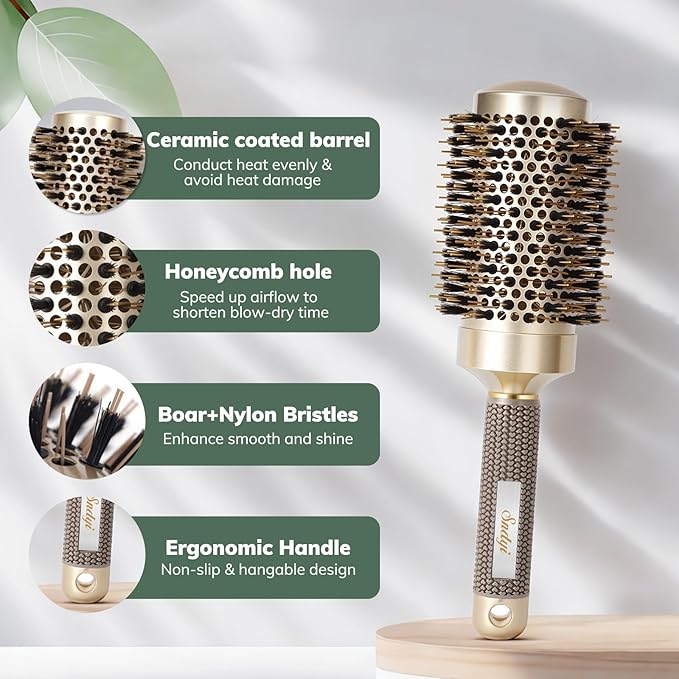 Round Brush for Blow Drying, Nano Thermal Ceramic & Ionic Tech Hair Brush with Boar Bristles, Professional Barrel Brush for Styling,Curling and Straightening by Sndyi (3.3 Inch, 2.1 Inch)-Velvo Beauty