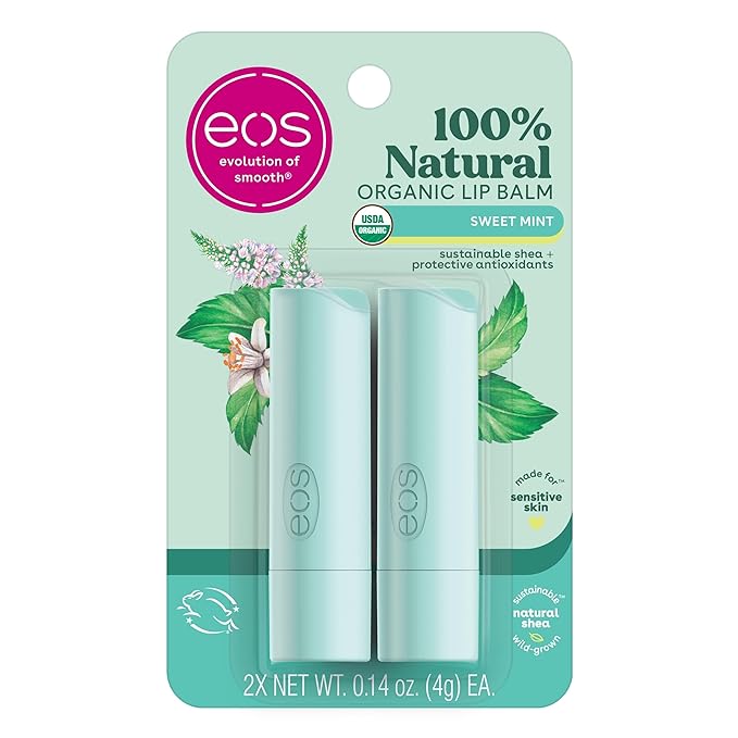 eos 100% Natural & Organic Lip Balm Sticks- Sweet Mint, All-Day Moisture, Dermatologist Recommended for Sensitive Skin, 0.14 oz, 2-Pack-Velvo Beauty