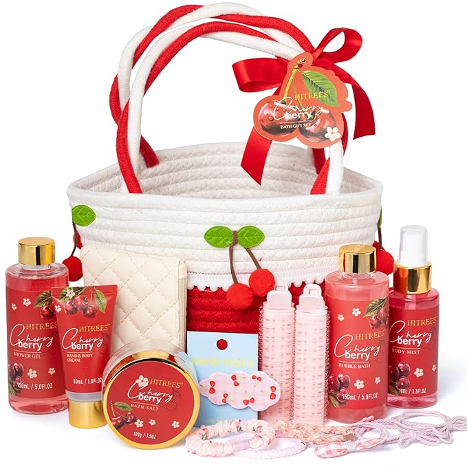 Spa Gifts for Women, Cherry & Berry Spa Gift Set for Teenage Tote Bag, Shower Gel, Hand & Body Lotion, Hitrees Birthday for Best Friend Woman, Mom, Mothers Day-Velvo Beauty