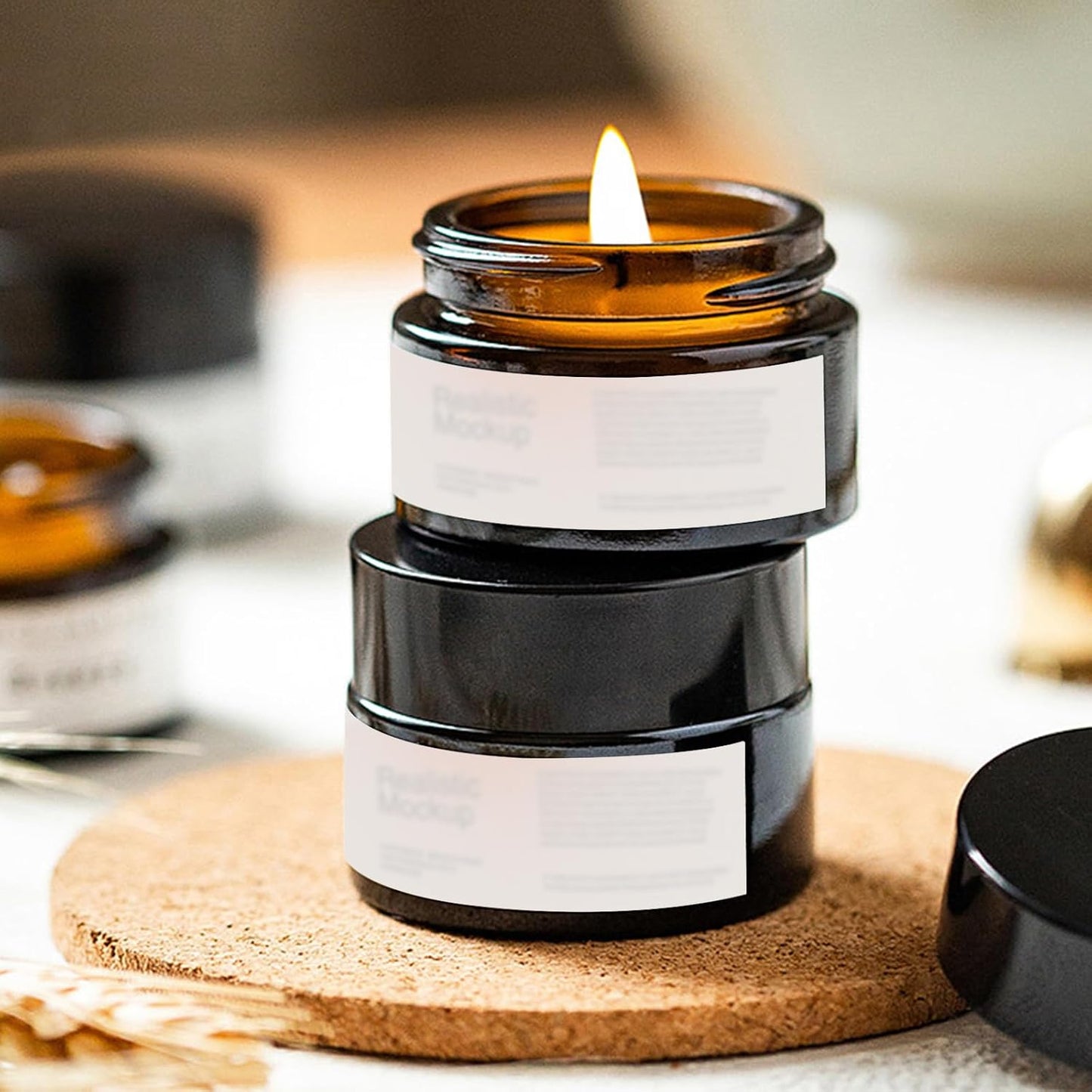 Lil Ray 2 Oz Glass Cream Jars with Black Lid, Empty Amber Glass Containers, Refillable Cosmetic Vials for Lotion, Ointment (12 PCS)-Velvo Beauty