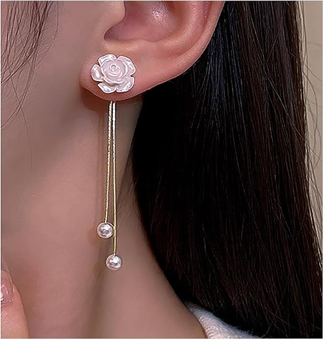 Vintage Flower Pearl Drop Earrings Long Tassel Pearl Earrings White Camellia Stud Earring Gold Pearl Chain Dangle Earrings Jewelry for Women-Velvo Beauty