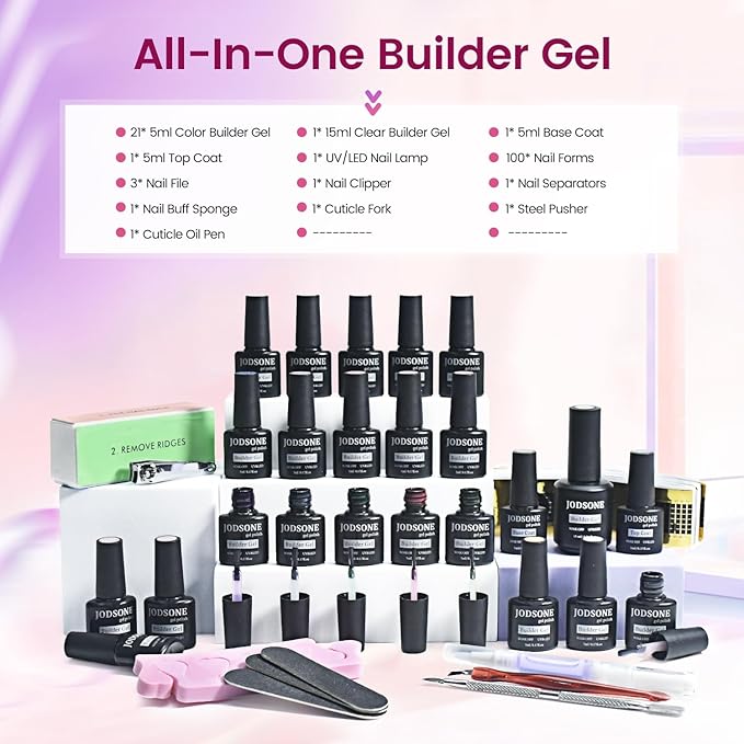 JODSONE Builder Gel Nail Kit with U V Light Base Top Coat 21 Colors High Shine Builder Gel and 100 PCS Extension Stickers-Velvo Beauty