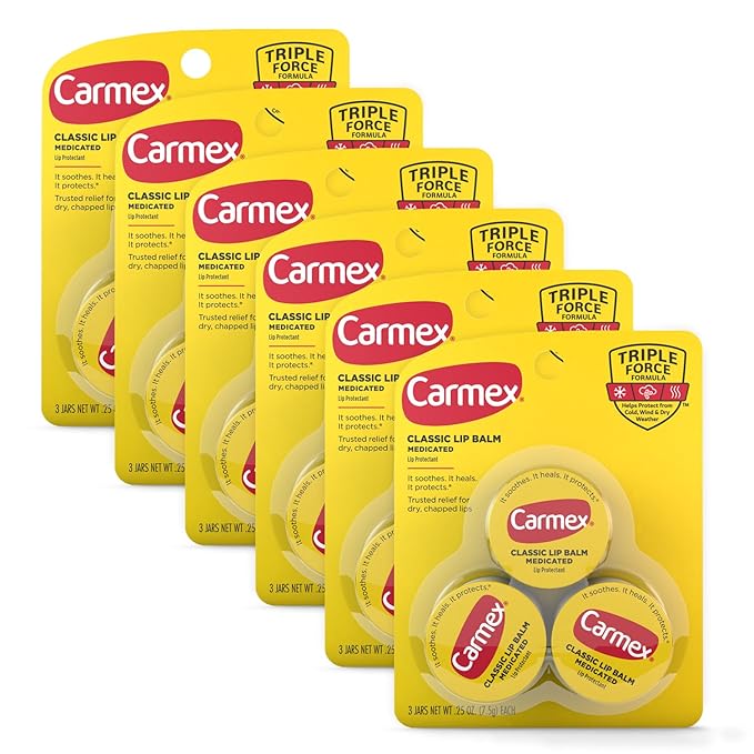 Carmex Medicated Lip Balm Jar, Lip Moisturizer for Dry, Chapped Lips, 0.25 OZ - (6 Packs of 3)-Velvo Beauty