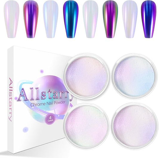 Allstarry White Chrome Nail Powder, 4 PCS Color-Shift Chameleon Mica Powder Pearlescent Pearl Pigment Aurora Chrome Effect Glitter Dust Iridescent for Gel Polish Nail Art Decoration, Resin Craft-Velvo Beauty
