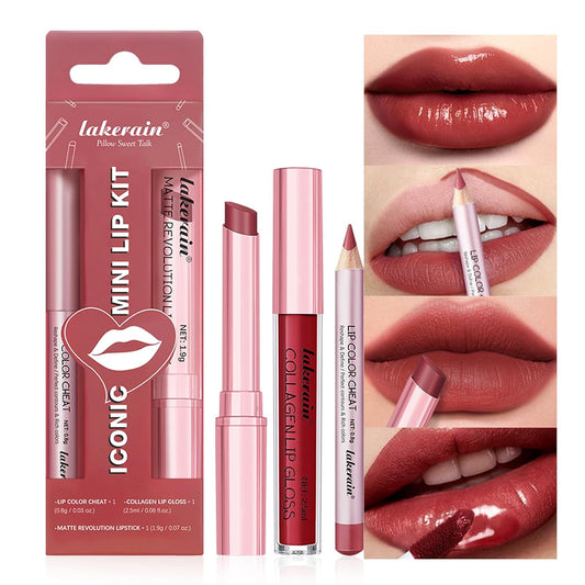 3PCS Lip Liner and Lipstick Combo Set - Matte Lip Liner Pencil, Velvet Matte Lipstick & Hydrating Collagen Lip Gloss - Long-Lasting, Smudge-Proof, High Pigment Nude Brown Lip Makeup Kit (Set 2, 3)-Velvo Beauty