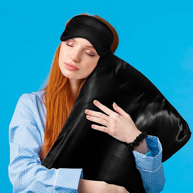 2 Pack Satin Pillowcase with Latent Zipper, Adjustable Satin Eye Mask for Sleeping and Satin Volume Scrunchie for Hair and Skin, Standard Size (Classic Style, Black)-Velvo Beauty