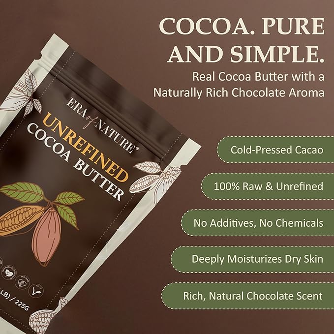 Era of Nature Cocoa Butter Raw – 100% Pure & Unrefined, Cold-Pressed Cacao – For DIY Skincare & Haircare – Deep Hydration for Skin, Hair, Lips – Stretch Mark & Scar Care – Natural Chocolate Scent, 8oz-Velvo Beauty