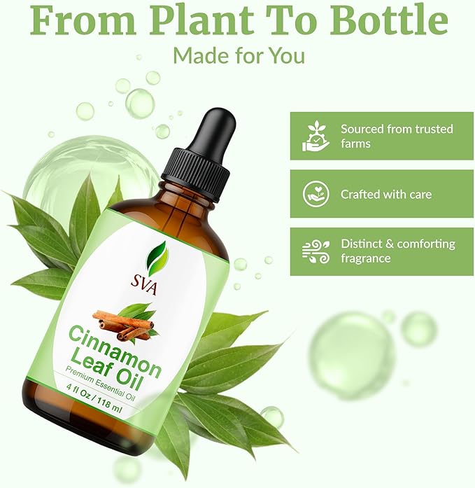 SVA Cinnamon Leaf Essential Oil – 4 Fl Oz – 100% Natural Cinnamon Oil - for Diffuser, Hair Care, Face, Skin Care, Aromatherapy, Scalp and Body Massage, Soap and Candle Making – with Dropper-Velvo Beauty