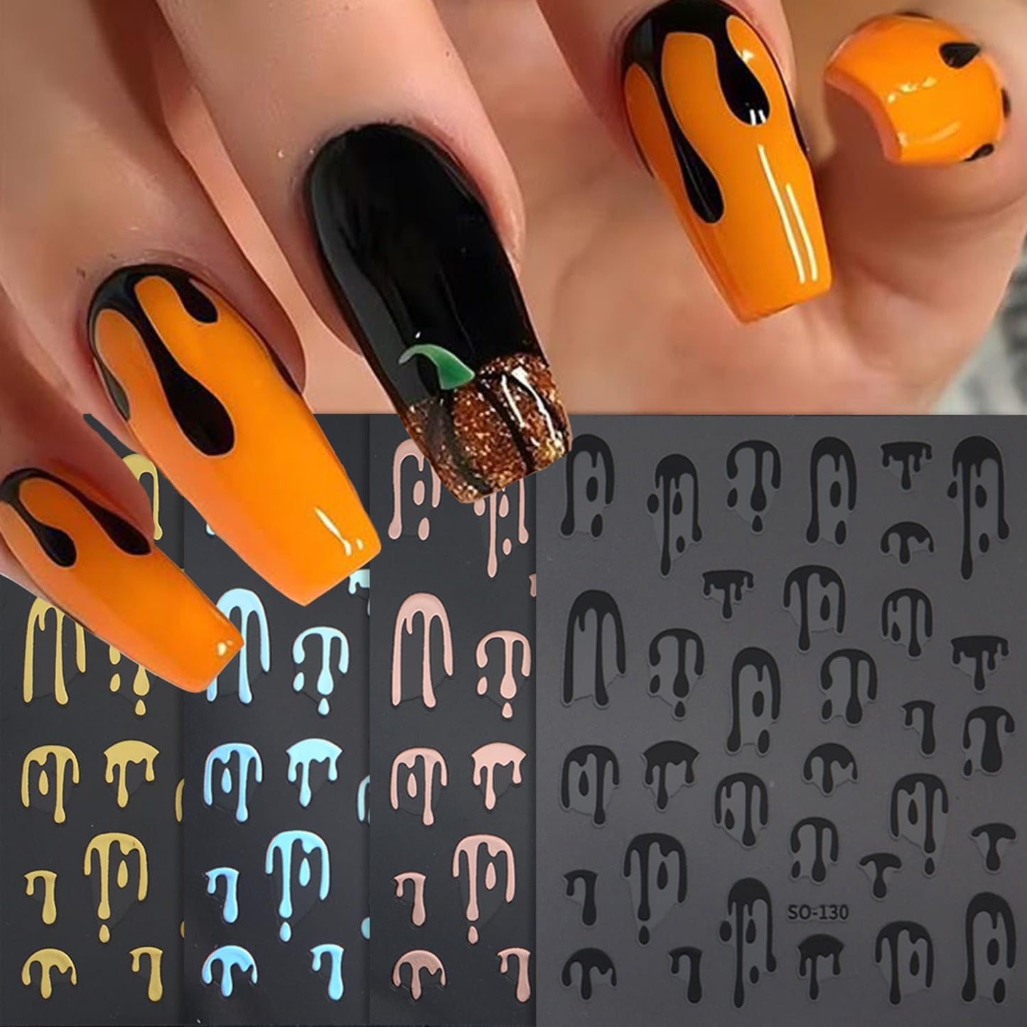 4pcs Halloween Nails Art Stickers -3D Self-Adhesive Nails Supply Black Gold Rose Gold Blood Dropping Design Y2K Scary Blood Nail Decals Sliders Halloween Laser Sliver Bloody DIY Manicure Decor-Velvo Beauty