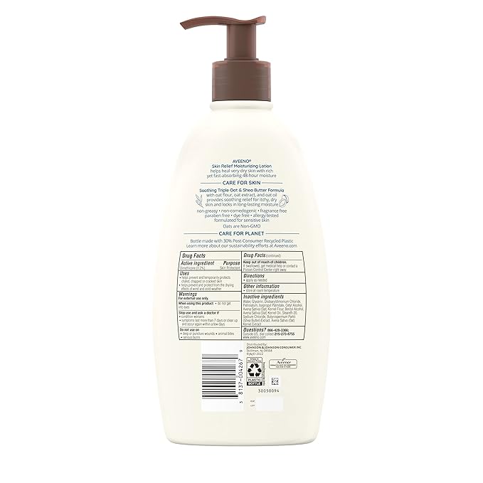 Aveeno Skin Relief Fragrance-Free Moisturizing Lotion for Sensitive Skin, with Natural Shea Butter & Triple Oat Complex, Unscented Therapeutic Body Lotion for Itchy, Extra-Dry Skin, 18 fl. oz-Velvo Beauty