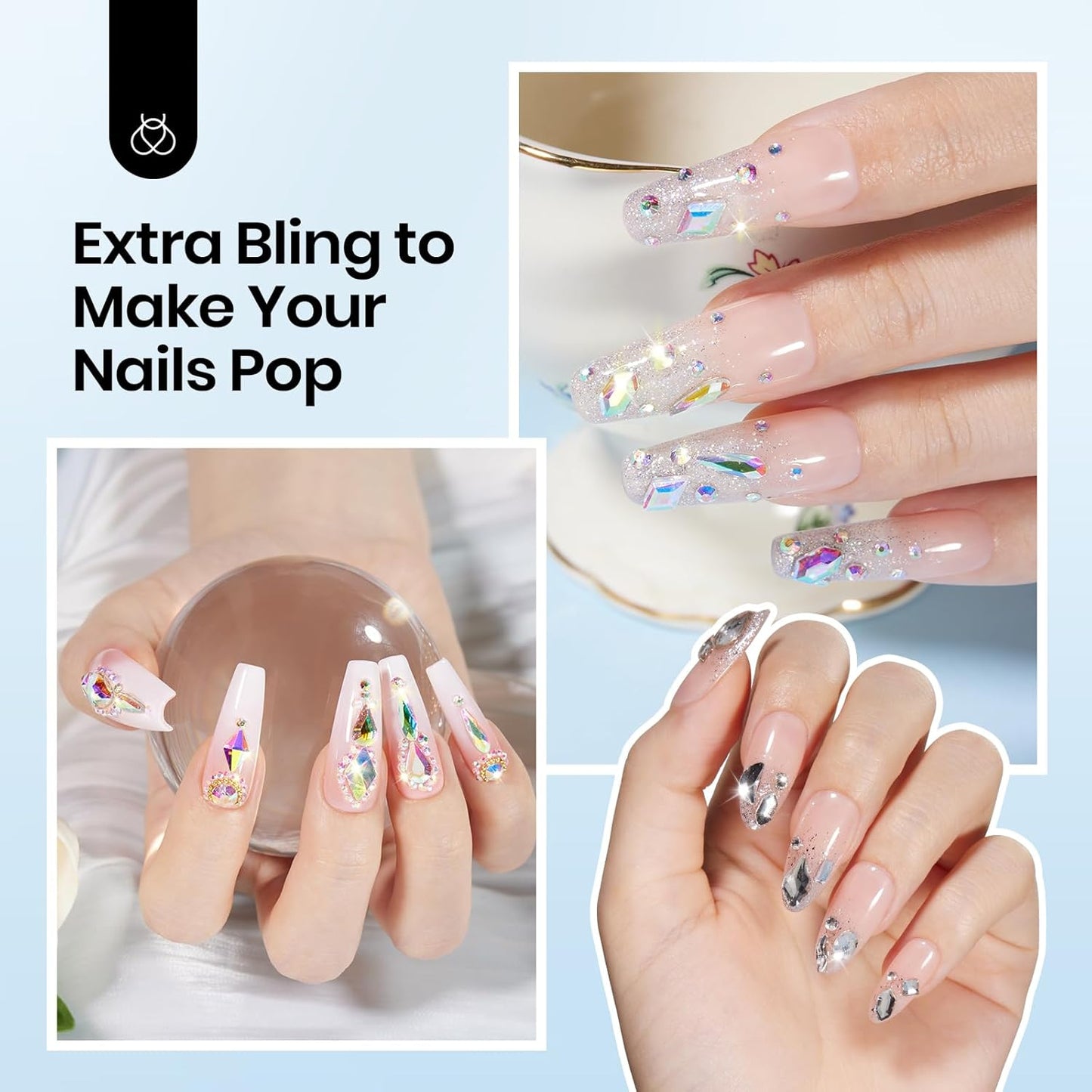 Beetles Gel Polish Nail Glue with Nail Gems Set, 15ml Nail Rhinestone Glue &120+2000Pcs Crystal Glass AB Rhinestones for Nails Art, Nail Gems with Double-Ended Clean Up Nail Brush Gifts for Girls-Velvo Beauty