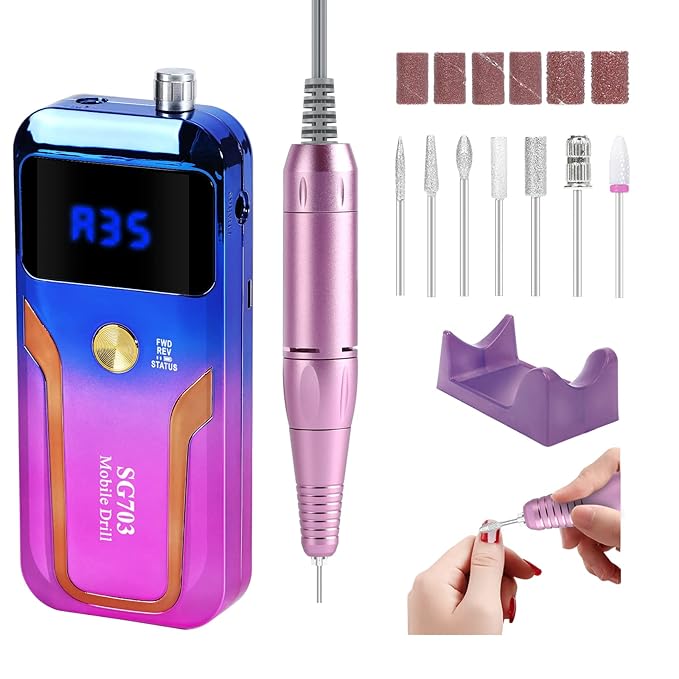 Portable Nail Drill Professional 35000 RPM, MOCOWIND Rechargeable Electric Nail File Machine for Acrylic Nails Gel Polishing Removing, Cordless E-File with Bits for Manicure Salon Home, Blue & Purple-Velvo Beauty