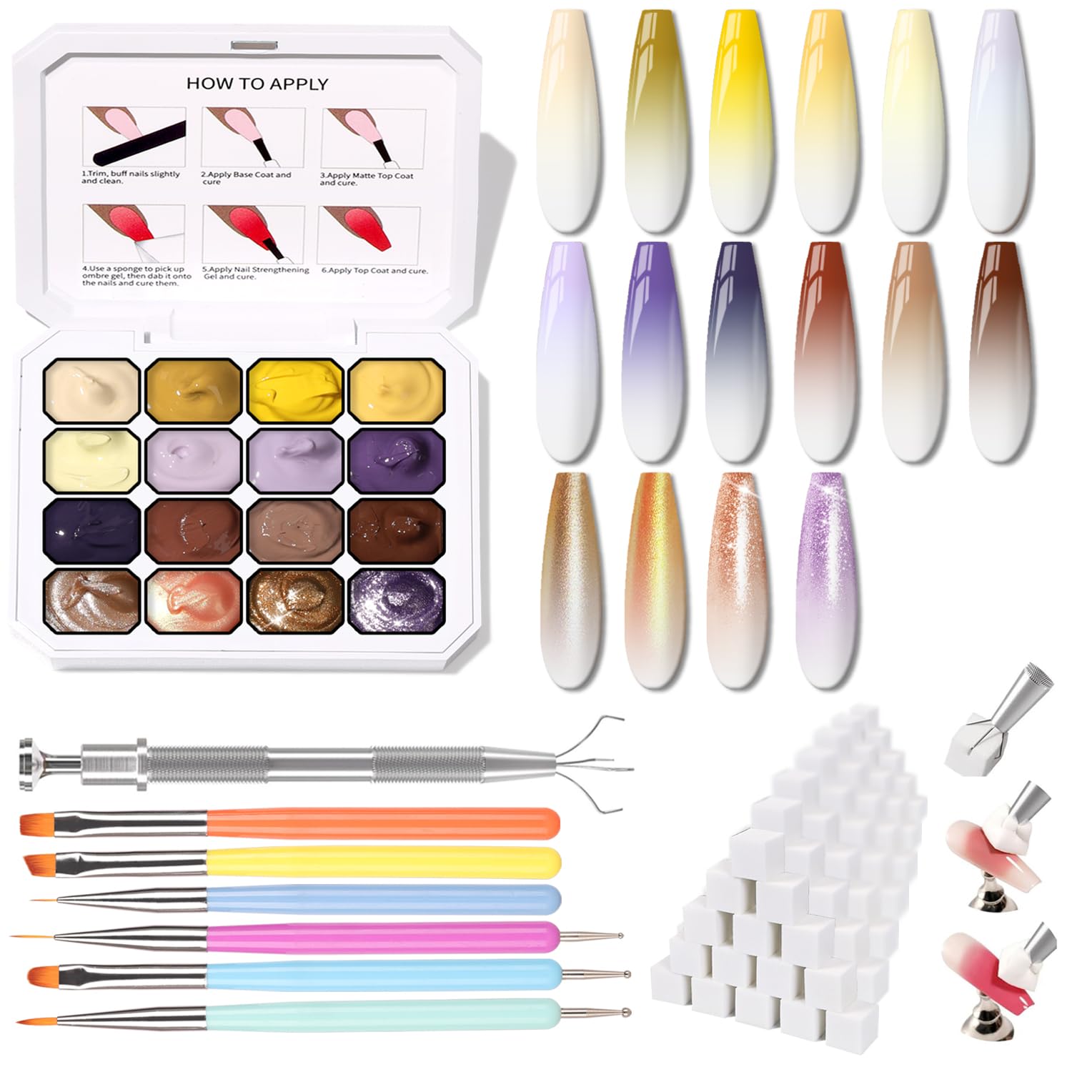 Sponge Pat Paint Nail Gel, Ombre Nails Gradient Gel Nail Blush Blooming Aura Nails Drawing Stripper Floral Painting DIY Nail Art, No Wipe, UV/LED Curing (16 Colors K)-Velvo Beauty