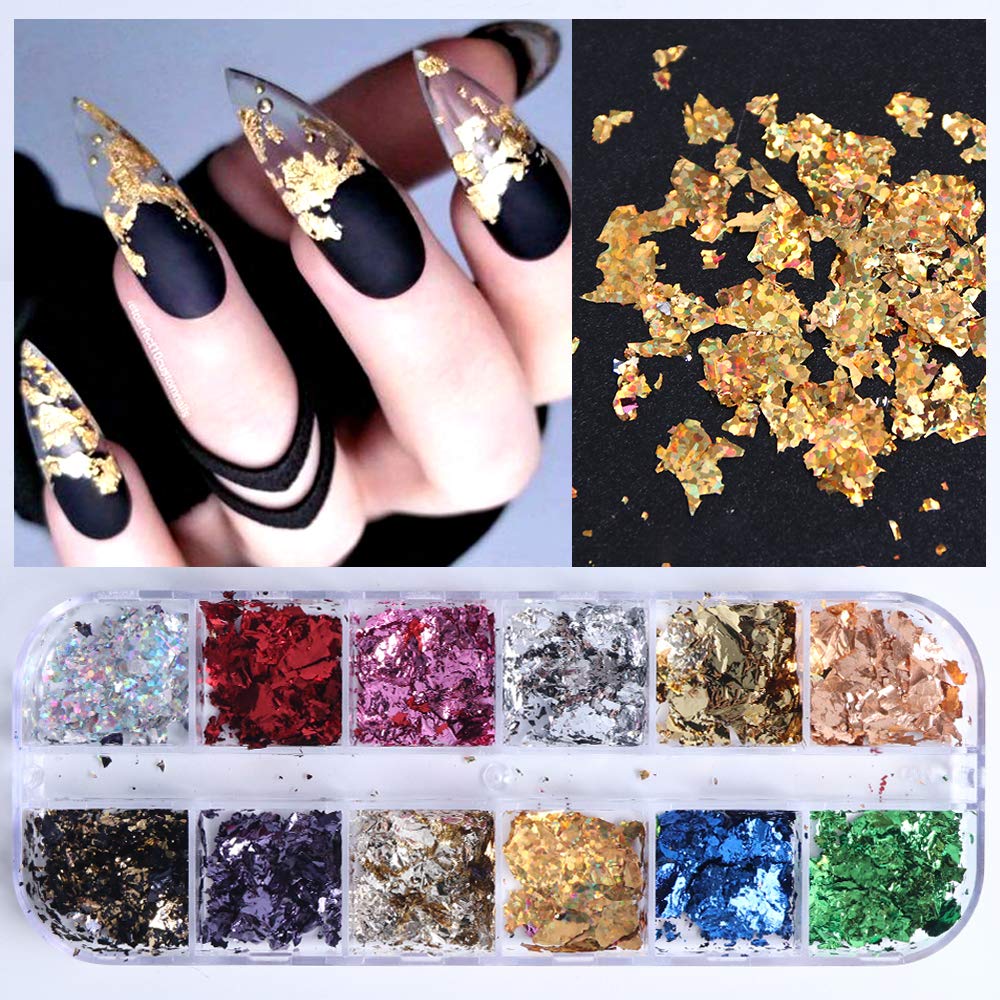 AUOCATTAIL 24 Grids Foil Nail Art Holographic Aluminum Nail Foil Flakes Stickers Nail Sequins 3D Glitter Decoration DIY Design Accessories Rainbow Nail Art Supplies Gold Nail Decals-Velvo Beauty