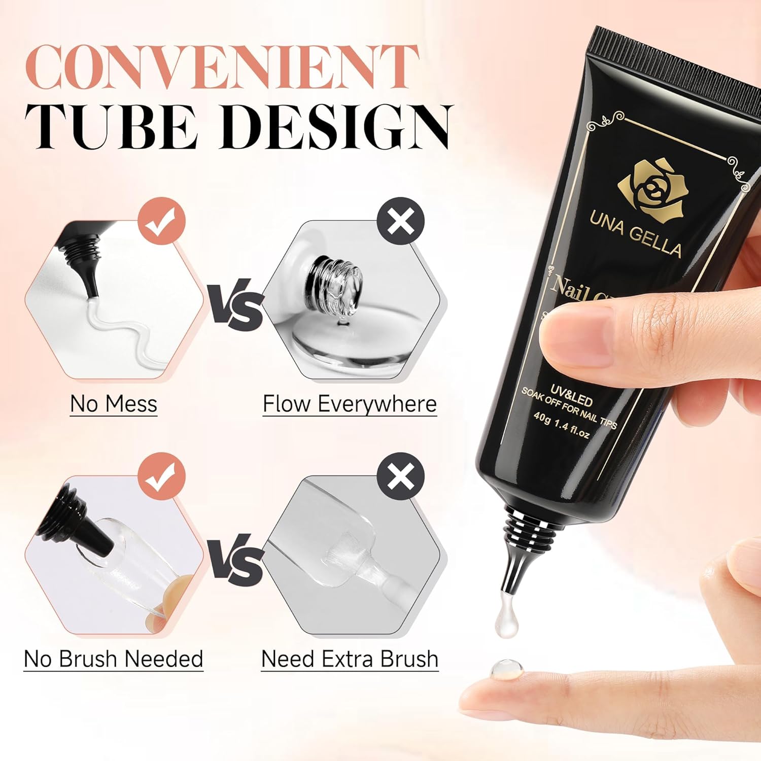 UNA GELLA Gel Nail Glue, Solid Nails Gl ue Gel 40ml Lamp Curing Needed Soak Off G LUE Strong Nail G LUE G el for Acrylic Fake Nails Tips Extension Press On Nails for Gelly Tips-Velvo Beauty