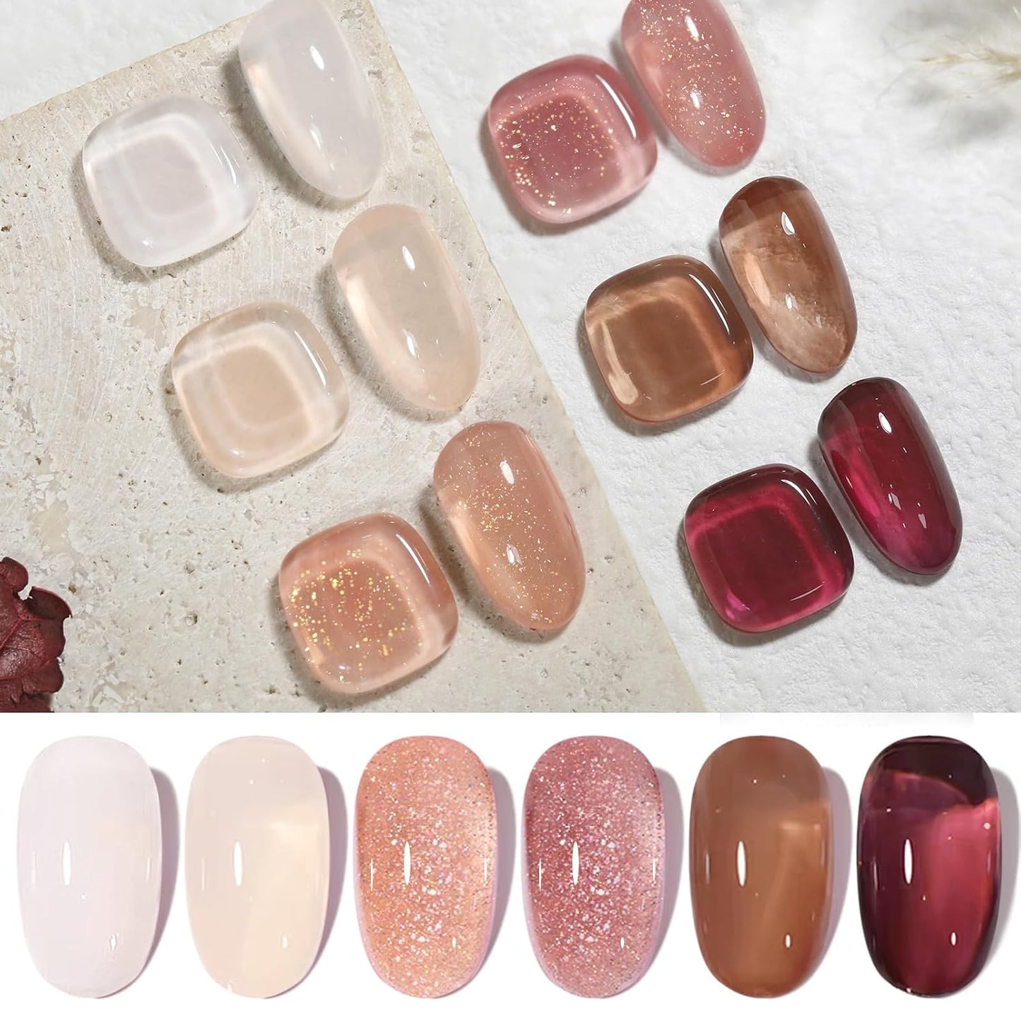 Born Pretty Jelly Gel Nail Polish Fall Winter Brown Nude Dark Wine Red Sheer Gel Nail Polish, Crystal Transparent Gel Polish Nail Art Manicure DIY Salon and Home 7ML 6PCS-Velvo Beauty