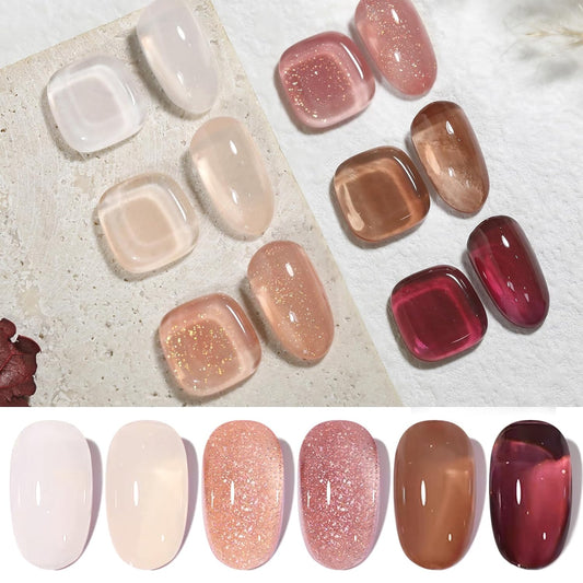 Born Pretty Jelly Gel Nail Polish Fall Winter Brown Nude Dark Wine Red Sheer Gel Nail Polish, Crystal Transparent Gel Polish Nail Art Manicure DIY Salon and Home 7ML 6PCS-Velvo Beauty