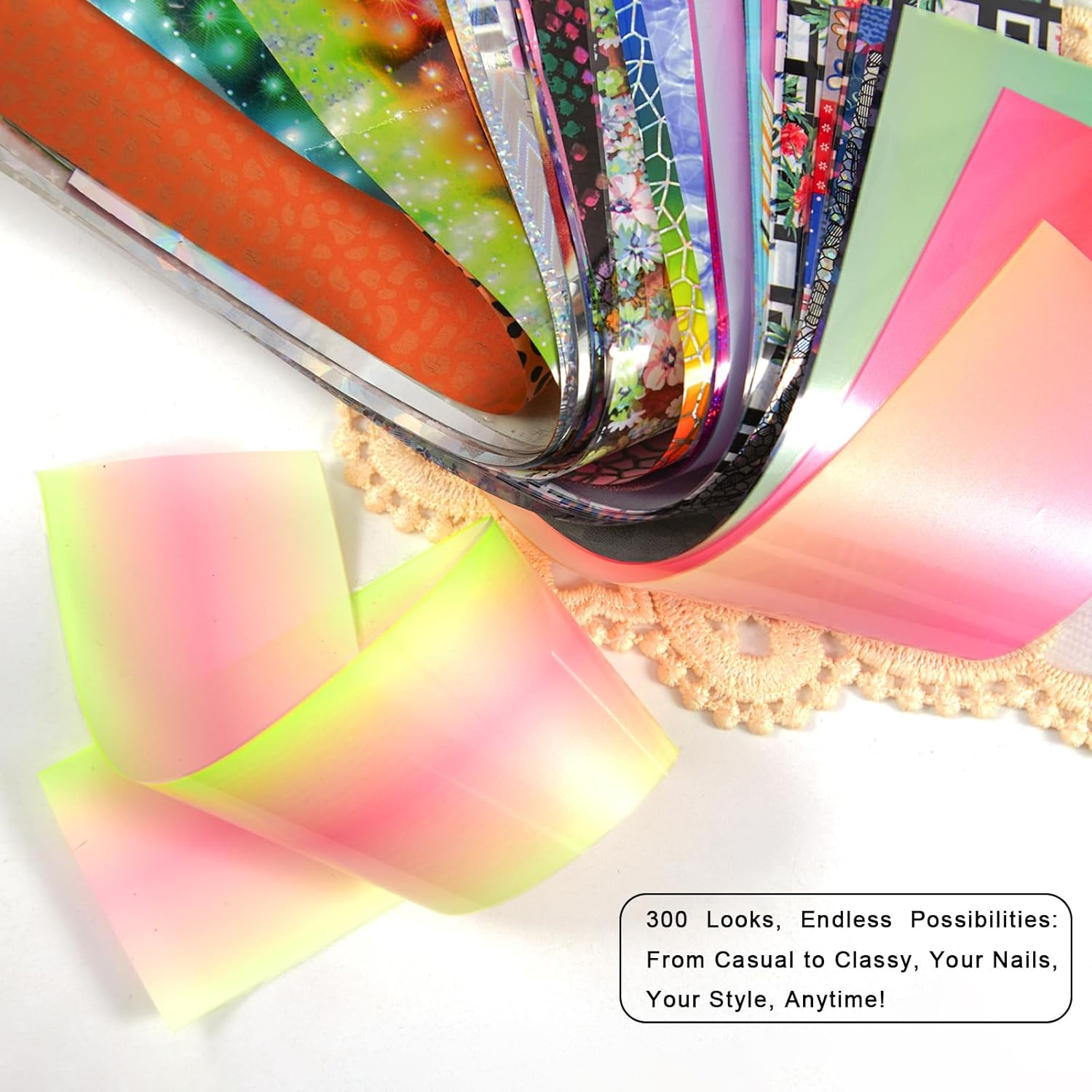 WOKOTO 300 Sheets Nail Foils Transfer Kit, Holographic Flower Marble Foil Sheets for Nail Art Transfer Paper, 1 Set for All Various Designs Nail Foil Transfer for Women Girls Nails-Velvo Beauty