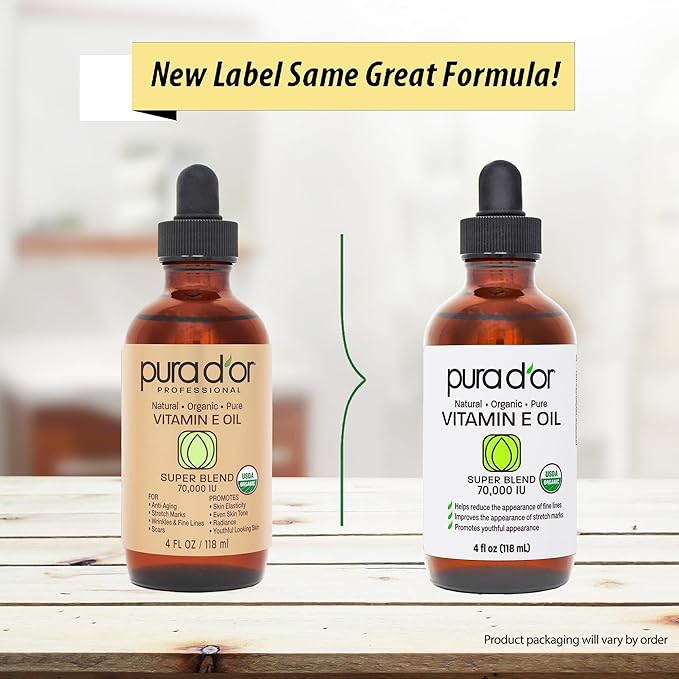 PURA D'OR 4 Oz ORGANIC Vitamin E Oil Blend - 100% Natural Hexane Free, Sweet Almond, Apricot, Jojoba, Argan, Rosehip, Sunflower & Avocado Bath Oil For Scars, Skin, Face & Full Body-Velvo Beauty