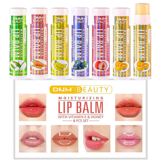 evpct 6Pcs Classic Fruit Flavour Flavored Lip Balm Set for Lip Care Chafed Chapped Cracked Lips, Natural Vitamin E & Honey Green Tea Carrot Banana Grape Peach Orange Moisturizing Mens Kids Lip Balm 3-Velvo Beauty