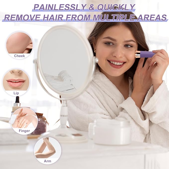 Facial Hair Removal for Women, Painless Rechargeable Hair Removal Device, Comes with 2 Replacement Heads, Portable Electric Shaver/Razor for Face, Chin, Upper Lip, arms and Peach Fuzz (Purple)-Velvo Beauty