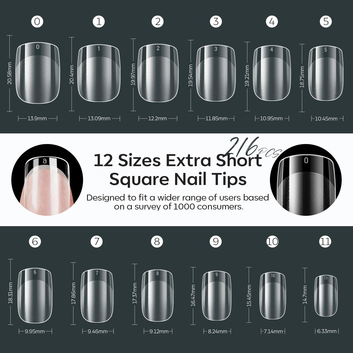 modelones Extra Short Square Nail Tips, Pre-shaped Soft Gel Tips Fake Nails False Acrylic Clear Full Cover Press on Extension Kit Gel Manicure DIY at Home 216PCS 12Sizes-Velvo Beauty