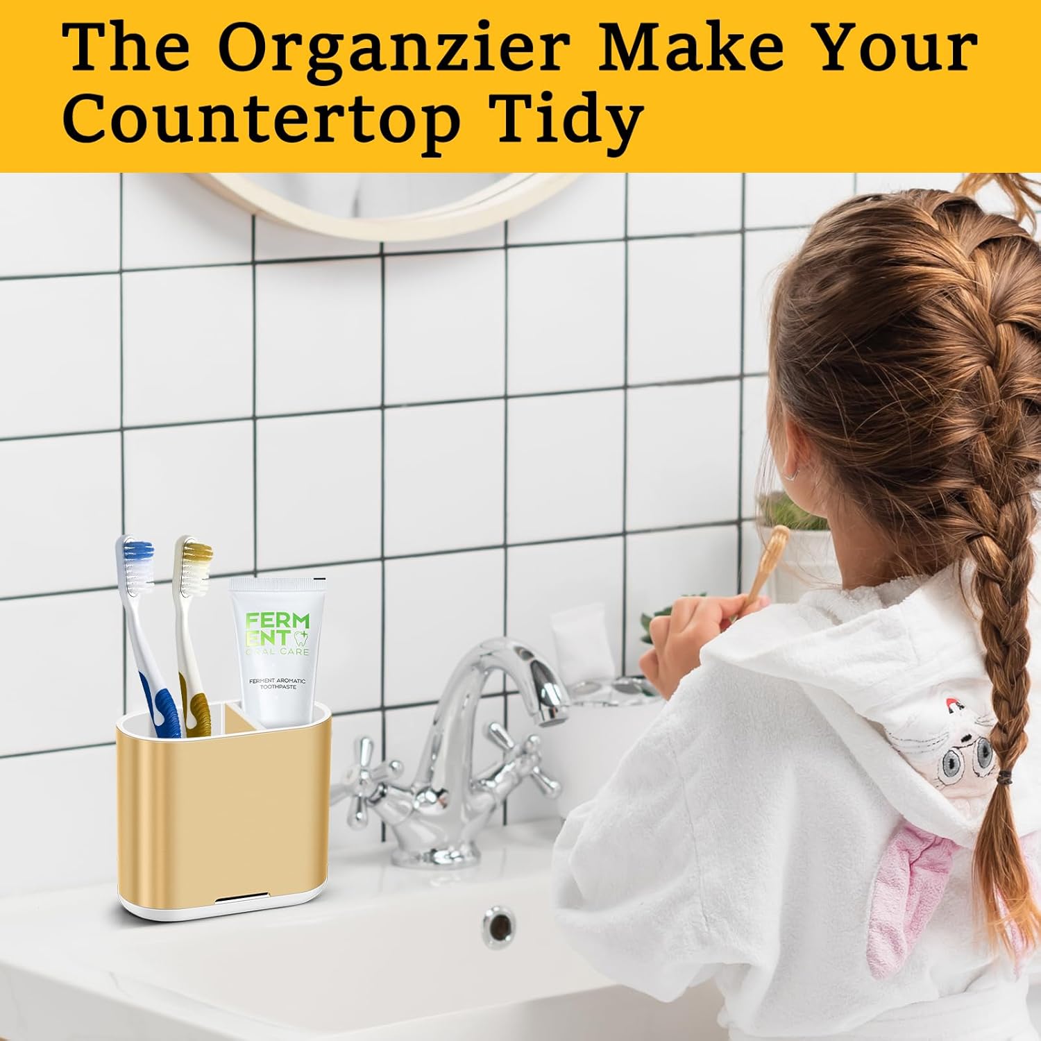 Chintu Toothbrush and Toothpaste Holder with Divider for Bathroom Countertop Organizer, Detachable for Easy Clean,Kids Electric Toothbrush Holders Storage Caddy for Family (Gold)-Velvo Beauty