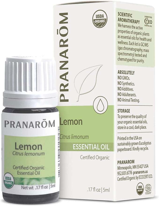 Pranarom USDA Certified Organic Lemon Essential Oil (5ml), 100% Pure Undiluted Therapeutic Grade from Argentina for Aromatherapy, Diffuser, DIY, Cleaning, Fresh Lemon Scent-Velvo Beauty
