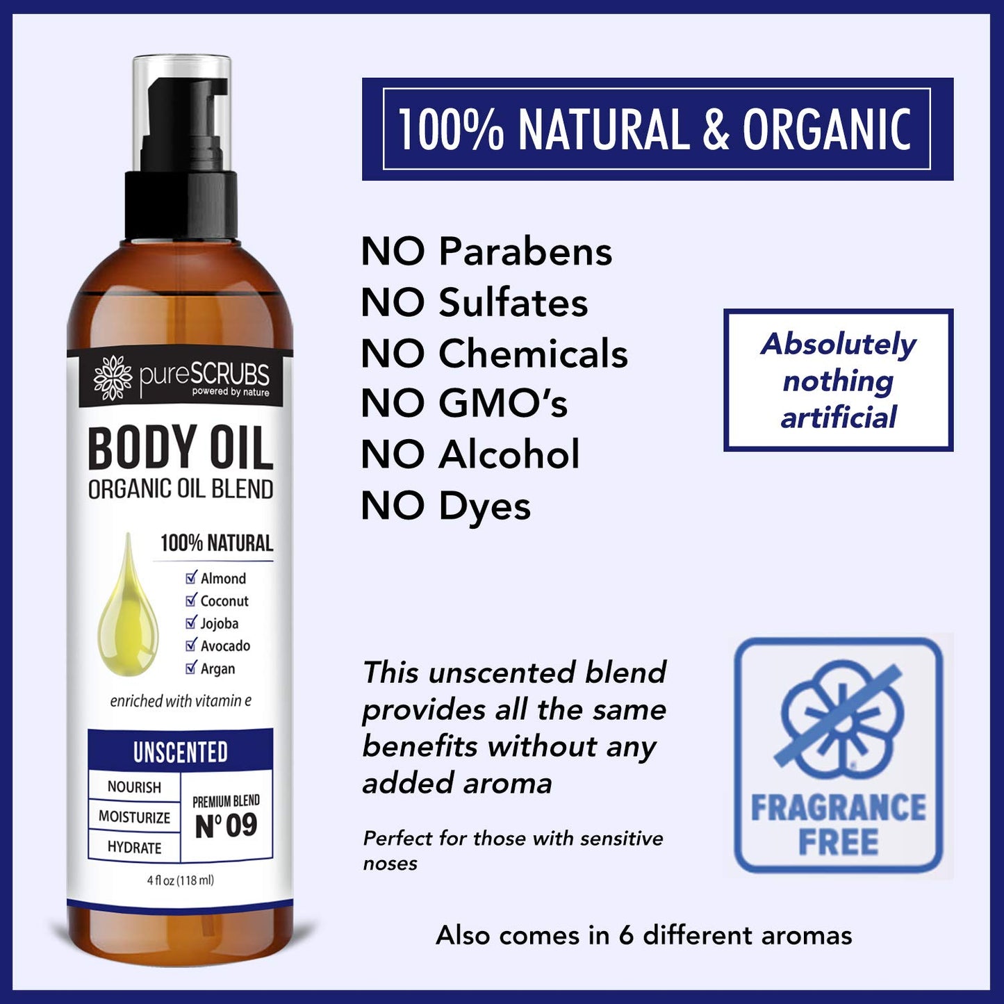 pureSCRUBS Ultra Moisturizing Unscented Body Oil Spray for Dry Skin, Massage, Stretch Marks, Organic Super Blend of Jojoba, Argan, Coconut, Sweet Almond & Avocado Oils Enriched with Vitamin E, Lg 4oz-Velvo Beauty