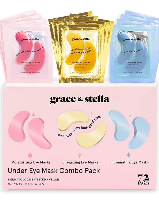 Under Eye Mask - Reduce Dark Circles, Puffy Eyes, Undereye Bags, Wrinkles - Gel Under Eye Patches, Vegan Cruelty-Free Self Care by grace and stella (72 Pairs, GoldPinkBlue)24 Pair (Pack of 3)-Velvo Beauty