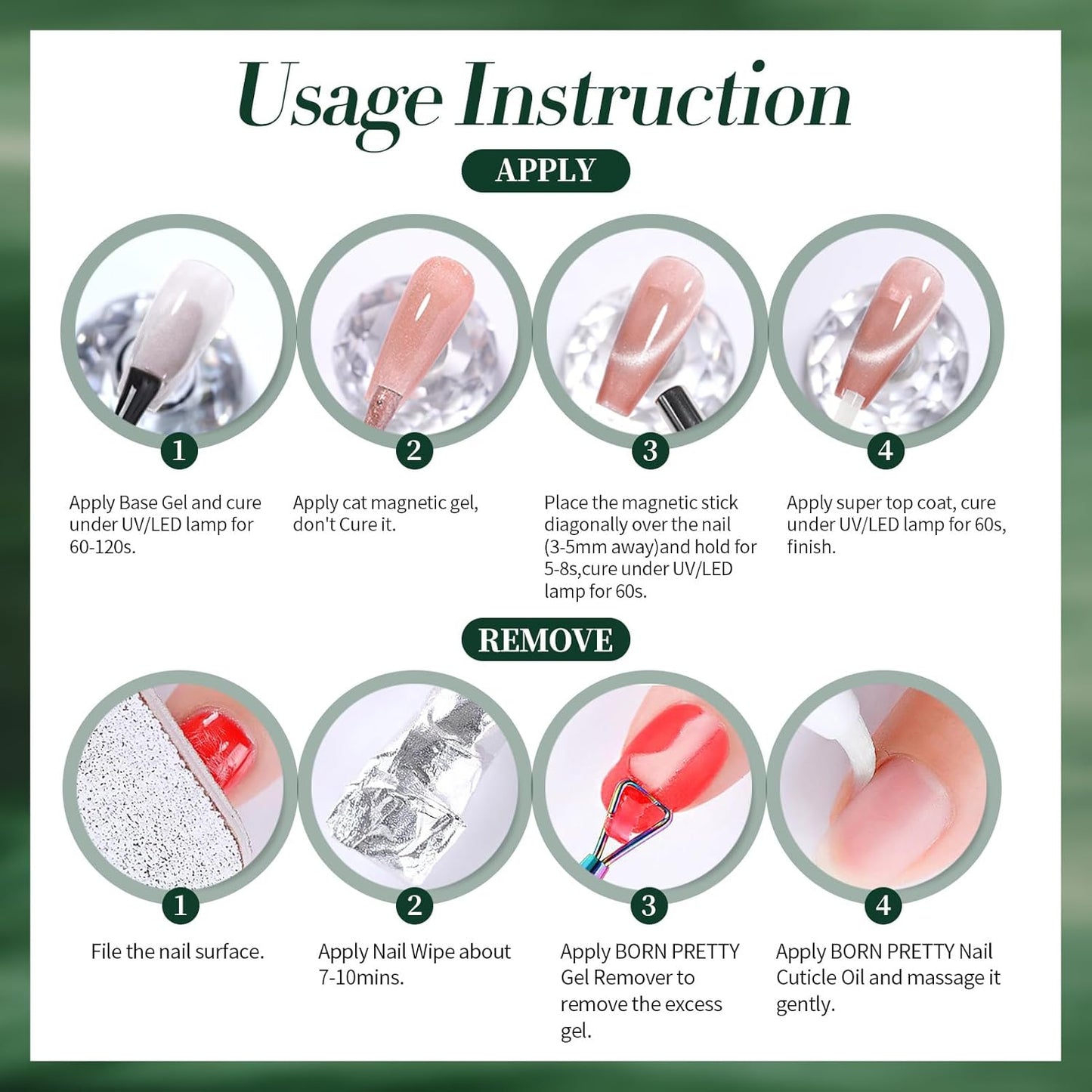 Born Pretty Cat Magnetic Gel Nail Polish, Retro Green Gel Polish Crystal Cat Holographic Magnetic Nail Polish Nail Art Manicure Salon DIY at Home 15ML-Velvo Beauty