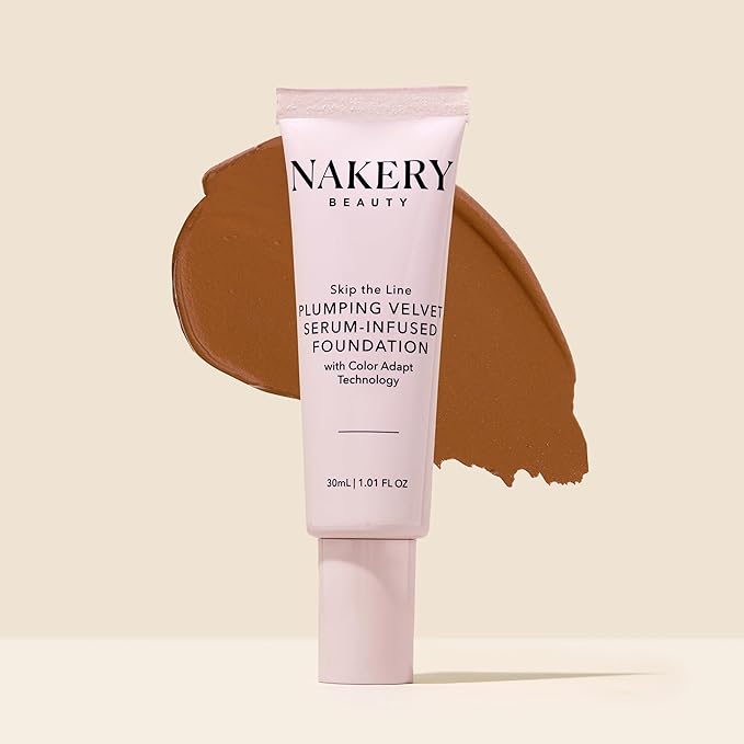 Nakery Skip the Line Full Coverage Foundation for Women - Plumping Velvet Womens Foundation Makeup Matte Finish - Age Defying Foundation - Moisturizing Foundation with Smart Color Adapt - Medium Deep-Velvo Beauty