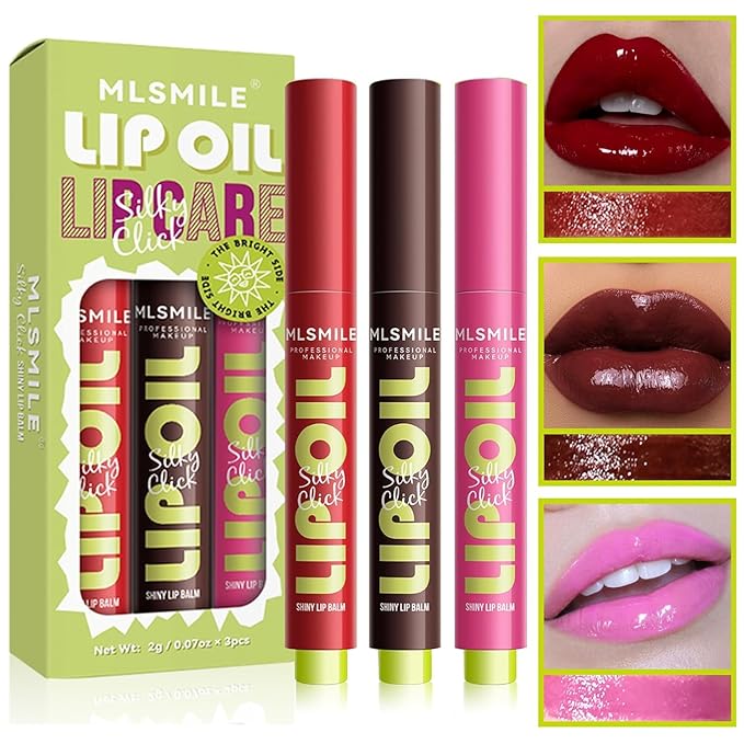 3 Colors Fat Lip Oil Click Slick, Moisturizing and Long-lasting Lip Balm, Non-stick and High Pigment Lip Glow Oil, Lightweight Lip Plumper with Coconut Oil (Set: C)-Velvo Beauty