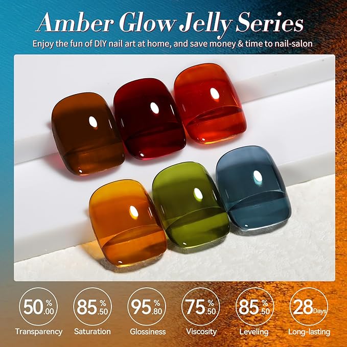 Born Pretty Jelly Gel Nail Polish, Sheer Transparent Crystal Gel Nail Polish, Christmas Brown Red Orange Green Blue Fall Winter Soak off Nail Polish Manicure DIY Home Salon Christmas Gift 7ml 6colors-Velvo Beauty