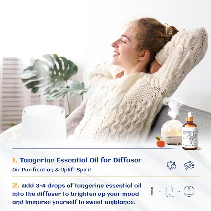 HIQILI 100ML Tangerine Essential Oil, Skin Care, Hair Care, Air Purification, Can be Added to Body Lotion, Shampoos, Diffusers Use - 3.38 Fl Oz-Velvo Beauty