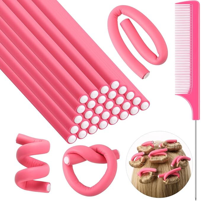 Syhood 30 Pieces Flexible Curling Rods Twist Hair Rollers Soft Foam Rods No Heat and 1 Pcs Steel Rat Tail Comb for Women Long and Short Hair(7 x 0.3 Inch,Pink)-Velvo Beauty