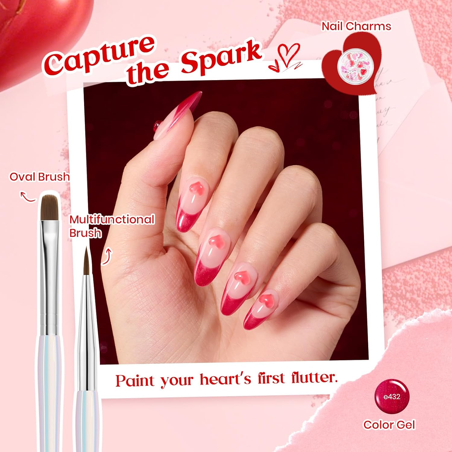 Beetles Red Gel Nail Polish & Nail Art Brushes Set-Heart Desire Multifunctional Nail Brushes Kit for Nail Art with Heart Nail Gems&Nail stickers Manicure Gift for Girls Women-Velvo Beauty