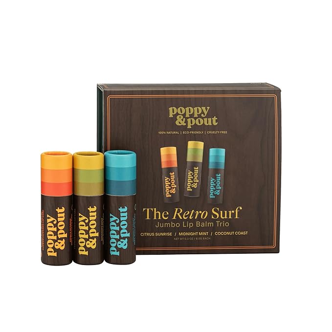 Jumbo Lip Balm Gift Set (3-Pack, Retro Surf) | Poppy & Pout All Natural Lip Balms & Moisturizers | Hydrates with Beeswax, Vitamin E, Organic Coconut Oil | Cruelty-Free | Recyclable Cardboard Tube-Velvo Beauty