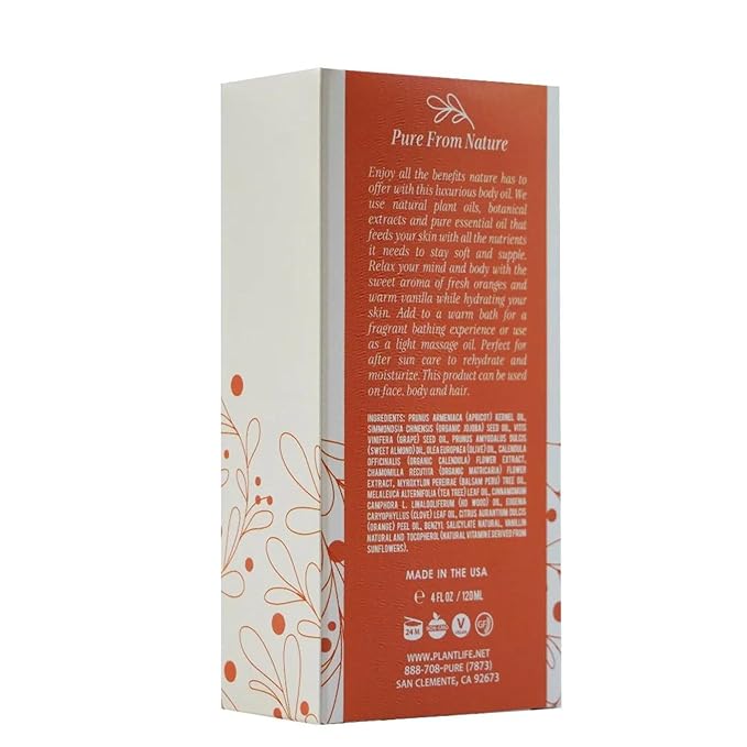 Plantlife Vanilla Orange Body Oil - Formulated for Soft and Silky Skin Using Rich Plant Oils That Absorb and Leave a Light Aroma on the Skin - Made in California 4 oz-Velvo Beauty