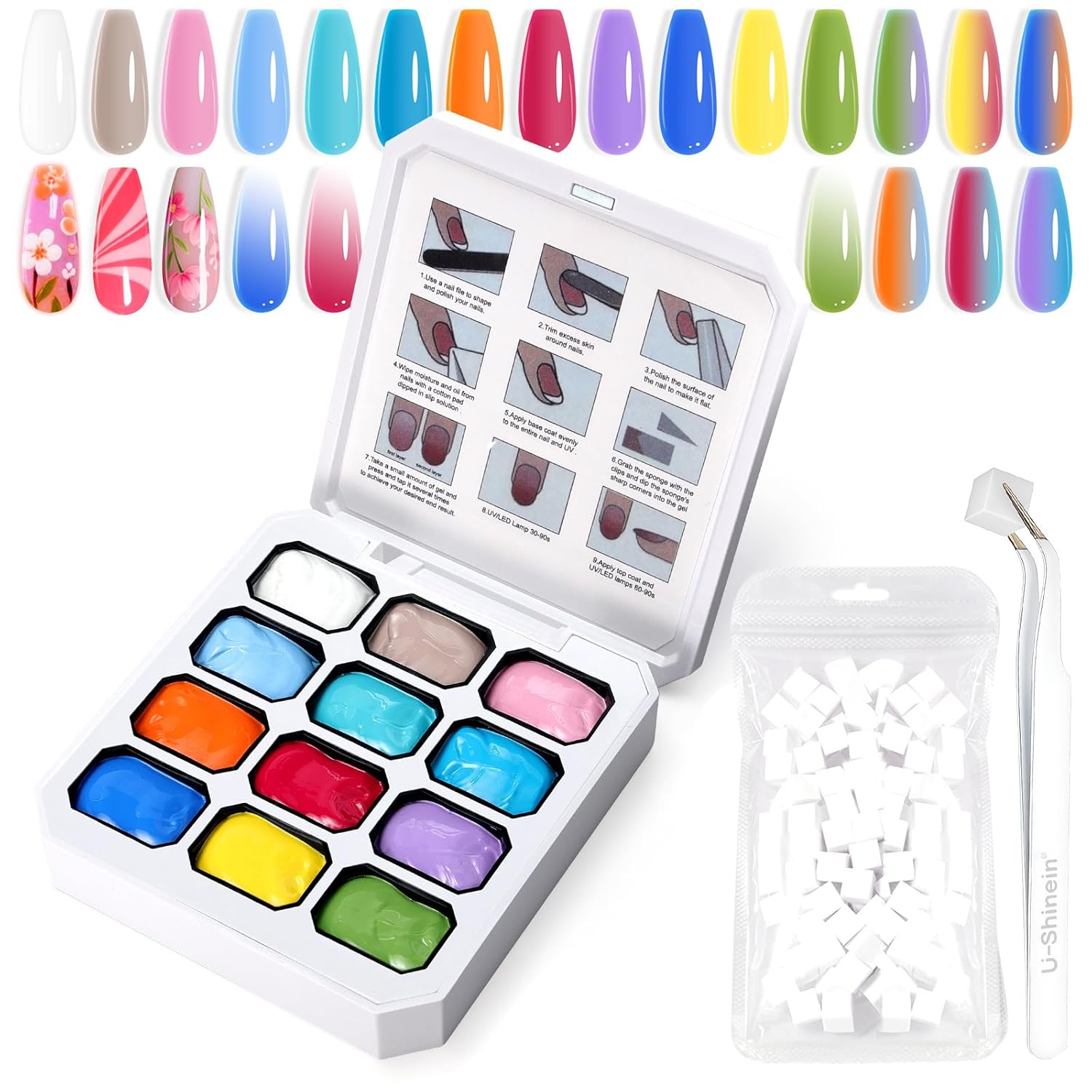 Gradient Painting Gel, 12 Bright Colors Ombre Gel Nail Polish for Pigment Pat Aura Nails, French Manicure DIY Nail Art Long-lasting No-wipe Candy Palette Jam Jar Set-Velvo Beauty