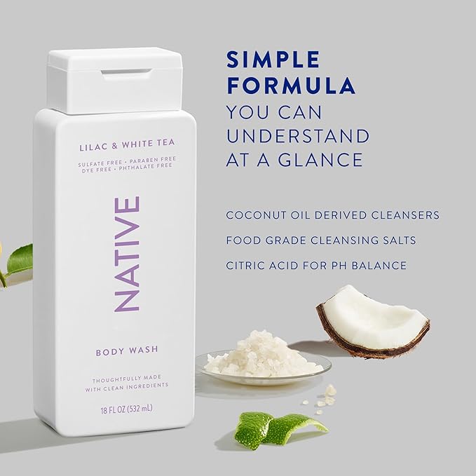 Native Body Wash Contains Naturally Derived Ingredients | For Women & Men, Sulfate, Paraben, & Dye Free Leaving Skin Soft and Hydrating | Lilac & White Tea 18 oz - 2 Pk-Velvo Beauty