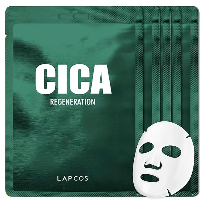 LAPCOS Cica Sheet Mask, Daily Face Mask with Cantella Plant Extract to Regenerate and Revitalize Skin, Korean Beauty Favorite, 5-Pack-Velvo Beauty