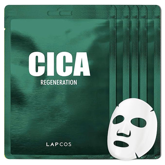 LAPCOS Cica Sheet Mask, Daily Face Mask with Cantella Plant Extract to Regenerate and Revitalize Skin, Korean Beauty Favorite, 5-Pack-Velvo Beauty